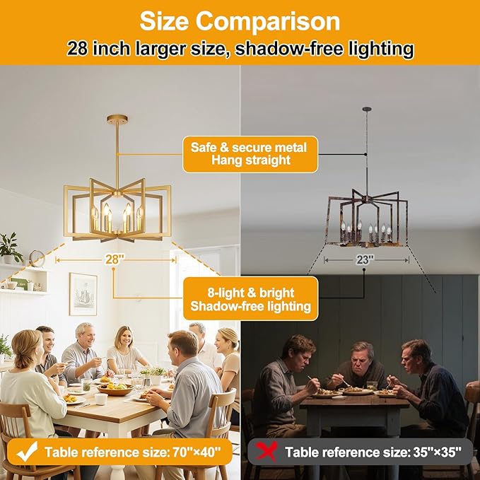 28" Modern Gold Chandelier for Dining Room, No Assembly Required Black Dining Room Light Fixture Over Table, Industrial Metal Hanging Pendant Lights Fixture for Kitchen Island, Entryway, Foyer