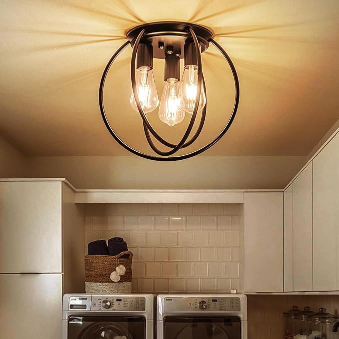 3 Light Industrial Ceiling Light Black Semi Flush Mount Lights Close to Ceiling Light Fixtures,cage Design Farmhouse Ceiling Lighting for Kitchen Bedroom Bathroom Foyer Hallway (E26, 1Pack)