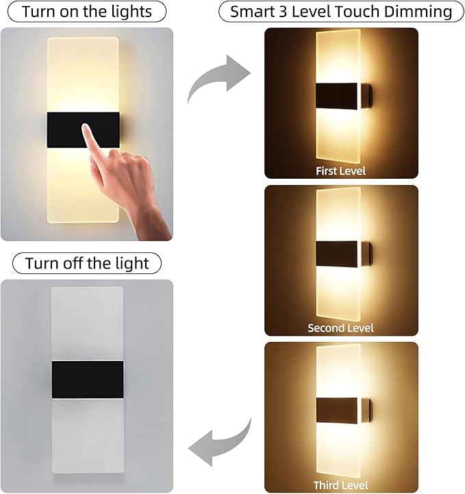 MEHIDFY Wall Sconces Sets of 2, Dimmable Touch Control Wall Lamp, Rechargeable LED Wall Sconces, Battery Operated Wall Lights, Bedside Lamp, Reading Light Bedroom with 4 Brightness (Warm White)