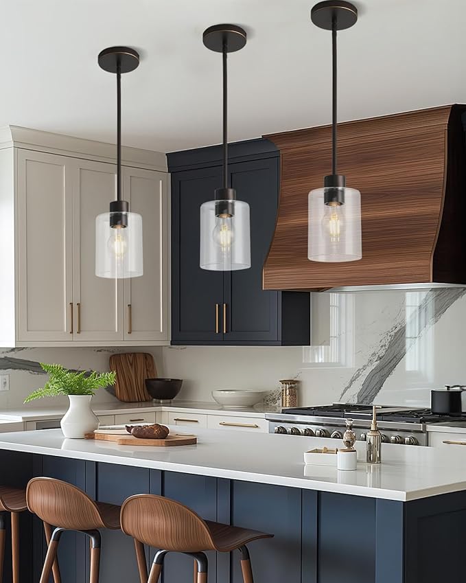 Brown and Gold Pendant Lights Kitchen Island - Clear Glass Pendant Light Fixture Multiple Stems Rods 3 Units 12 Inch 3 Units 4 Inch (1 Pack Brown and Gold Downrod)