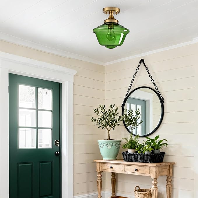 SAMTEEN Schoolhouse Light Fixtures Gold Ceiling Light 10-Inch Modern Green Glass Semi Flush Mount Ceiling Light Vintage Brass Hallway Light Fixtures for Bedroom Kitchen Entryway Living Room