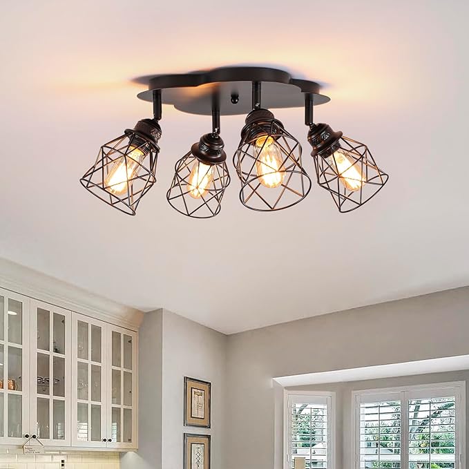 Kitchen Light Fixtures Ceiling Mount, Adjustable Semi Flush Mount Ceiling Light, Multi-Directional Lamp for Kitchen, Hallway, Dining Room, Farmhouse with E26 Base (Black 4-Light)