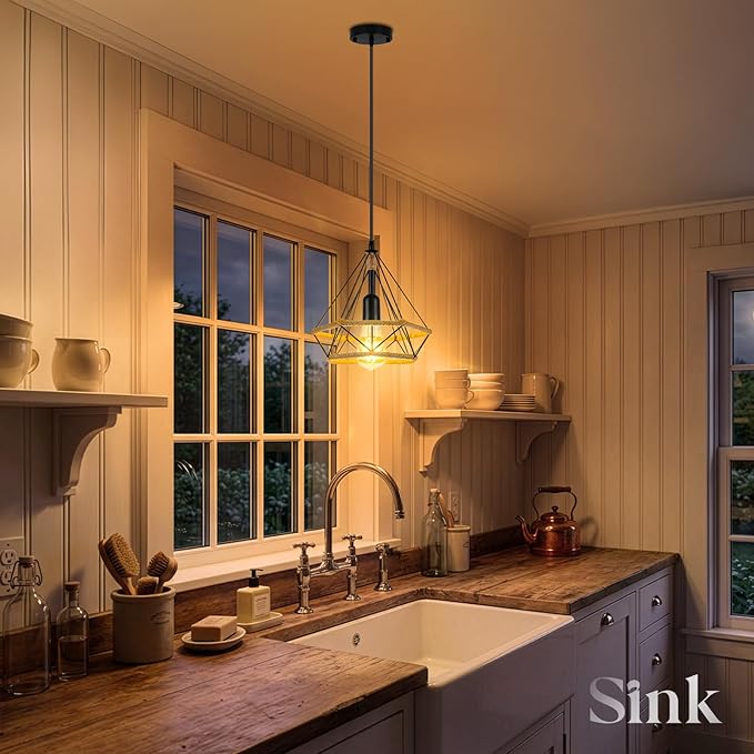 ropelux Pendant Lights Fixtures, Black Farmhouse Kitchen Island Lighting, Adjustable Height Modern Metal Hanging Light Fixture for Kitchen Island Sink Dining Room Bedroom- 3 Pcs
