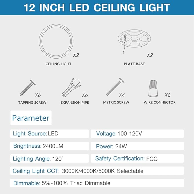 12 Inch Dimmable LED Flush Mount Ceiling Light 2 Pack, 24W=2400LM, Low Profile Ceiling Light with 3 CCT (3000K/4000K/5000K), 5%-100% Dimming for Bedroom, Basement & Closets, White