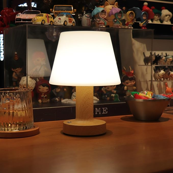 HAPYGI Small Mushroom Table Lamp, Cordless Night Light with 2600mAh Rechargeable Battery, Stepless Dimming Desk Lamp with 3 Colors for Bedroom/Patio/Living Room (Wooden-2)