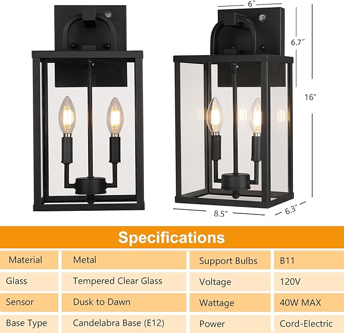 PARTPHONER Large Outdoor Light Fixutre 2-Light, Dusk to Dawn Outdoor Lighting Farmhouse Front Porch Light Exterior Wall Lantern Sconce with Clear Glass for Entryway Doorway House Garage