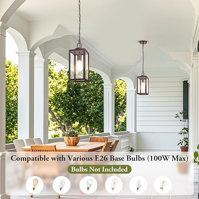 BesLowe 1-Pack Outdoor Pendant Light, 13” Modern Hanging Lantern Light for Outside, Brown Exterior Pendant Lighting Fixture with Adjustable Chain, Outdoor Chandelier for Porch, Gazebo, Front Door