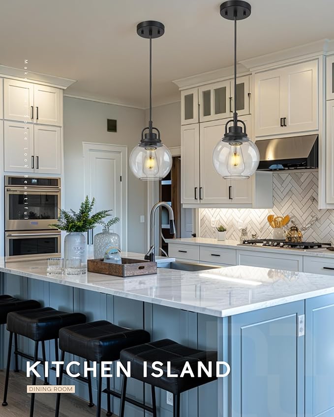 Pendant Lights Kitchen Island, 7" Matte Black Pendant Light Fixtures Over Island with Globe Clear Glass Shade, Farmhouse Hanging Lights for Dining Room Entryway, PL125-MB-1PK