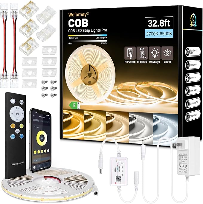 Wefomey COB LED Strip Light White, 33ft Dimmable 2700K-6500K High Density 24V Flexible LED Tape Light with Remote and APP Control, White led Strip Lights for Bedroom Kitchen Christmas Decor