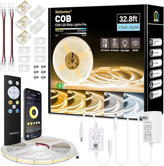 Wefomey COB LED Strip Light White, 33ft Dimmable 2700K-6500K High Density 24V Flexible LED Tape Light with Remote and APP Control, White led Strip Lights for Bedroom Kitchen Christmas Decor