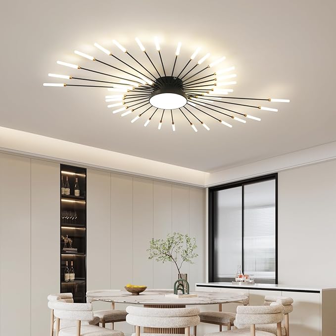 ziidoo Modern Ceiling Light, 42+1 Lights Metal Firework Designed Chic Led Lighting Fixture for Farmhouse Kitchen Dining Room Bedroom Hallway Living Room (Black)