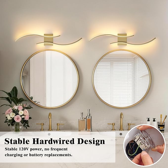 KARTOOSH 2 Pack Gold Light Fixture Hardwired Bathroom Vanity Lights Fixtures Over Mirror 31.5 Inch 3CCT Dimmable Modern Wall Lights for Mirror Kitchen Living Room Cabinet Porch Hallway