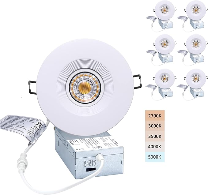 POPANU Premium Canless Recessed Gimbal Downlight Rotatable-Spotlight 5 CCT 4 Inch Eyeball Ceilling Potlight, Dimmable Lights Fixture with Junction Box, 8W, White Round Trim, with Baffle, 6P