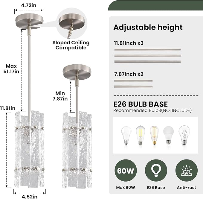 Brushed Nickel Glass Pendant Light for Kitchen Island, Luxury Mini Water Ripple Crystal Chandelier Fixture, Modern round Adjustable Hanging Pendant Lighting for Dining Room Bathroom Hallway (3-Pack)