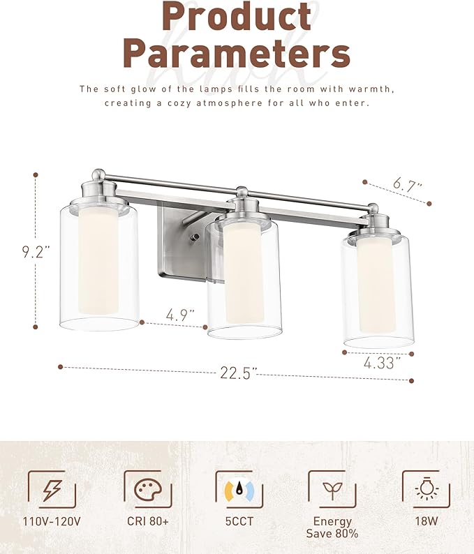 Modern Bathroom Light Fixtures, HWH Brushed Nickel Vanity Lights for Bathroom, Wall Light Fixtures Clear Glass, LED Vanity Lights 5CCT Dimmable 18W, 5HLT63B-3W-LED BN
