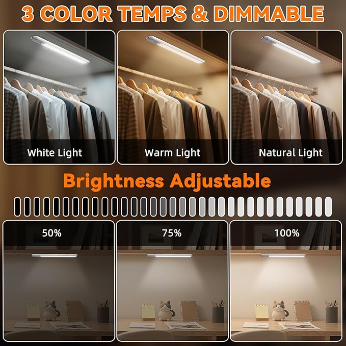Under Cabinet Lighting Wireless, 15inch Rechargeable Motion Sensor Light Indoor, 3 Color Closet Light Battery Operated with LED Power Display, Magnetic Under Counter Lights for Kitchen, Home (6Pack)