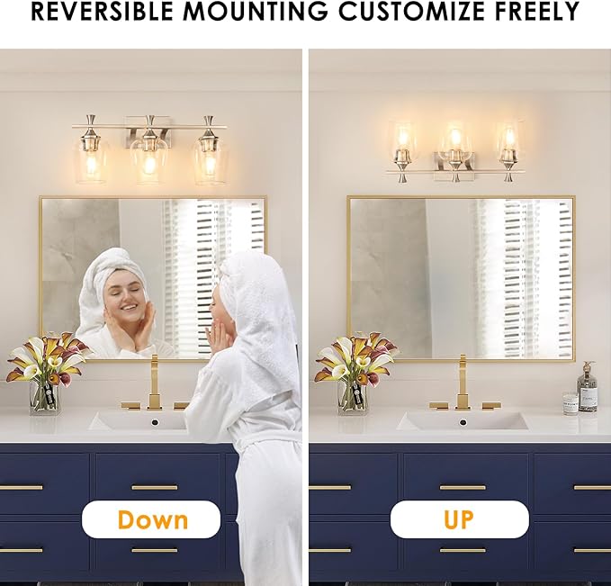 3 Light Bathroom Vanity Light - Silver Bathroom Lighting Fixtures Over Mirror, Modern Wall Sconces with Transparent Glass Lampshade for Bedroom Living Room Kitchen Cabinet Stair Hallway
