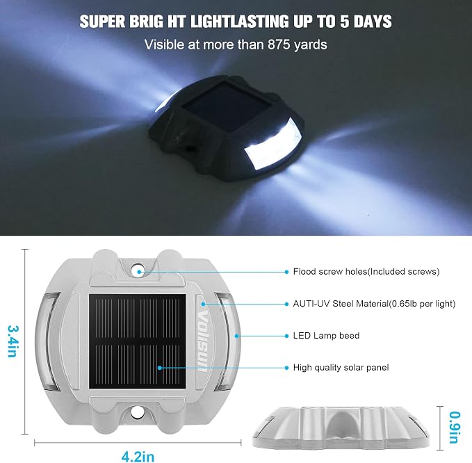 VOLISUN Solar Deck Lights Driveway Dock Lights, 12-Pack Led IP68 Waterproof Outdoor Warning Step Lights for Driveway Sidewalk Garden Pathway Yard(White, Auto On/Off
