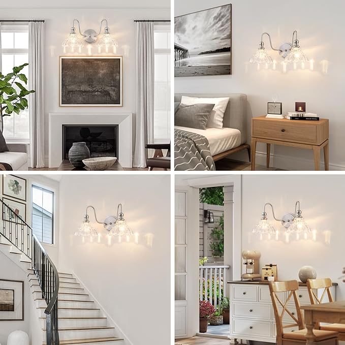 Vintage Bathroom Light Fixtures Over Mirror, 2-Light Brushed Nickel Wall Sconce Lighting with Flower Glass Shade, Farmhouse Vanity Lights for Bedroom Kitchen Living Room Hallway Light