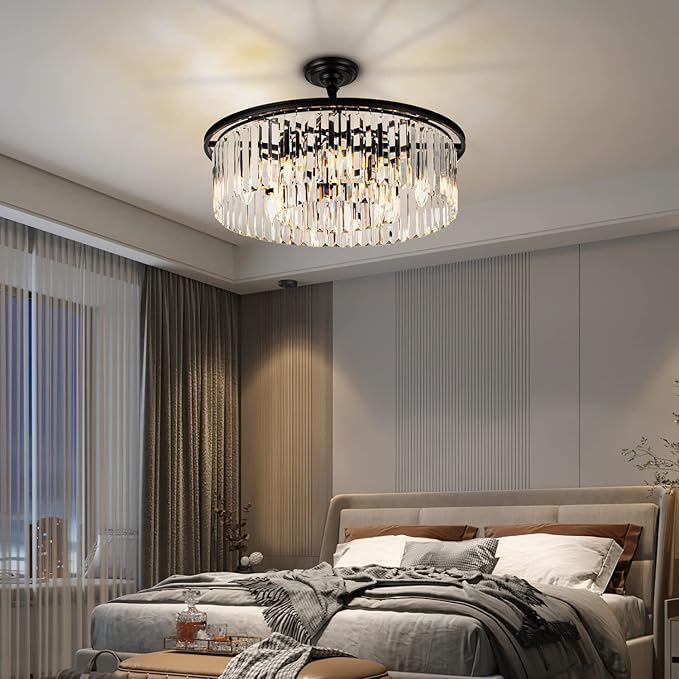 23" Black Crystal Chandelier 8-Light Modern Crystal Pendant Ceiling Light Fixture 2 Rings Luxury Chandeliers,for Dining Room Kitchen Island Living Room Bedroo
