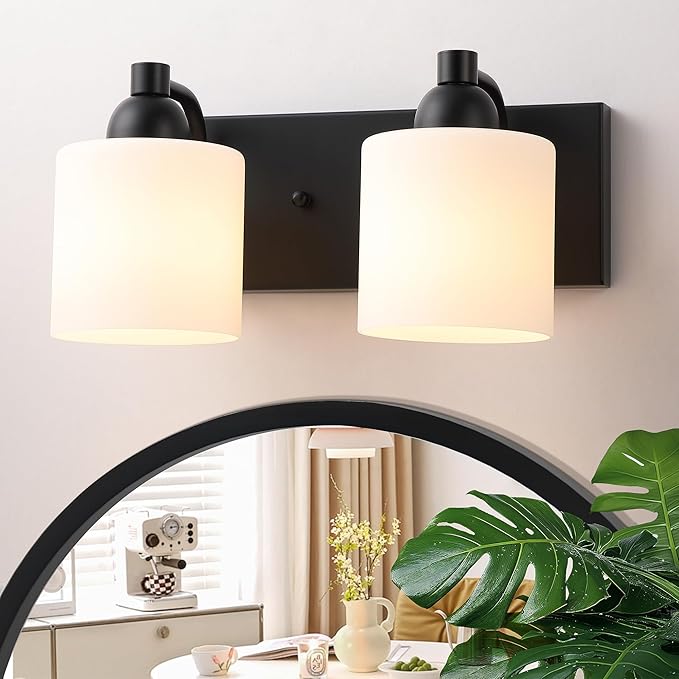 Mecgirn Milk Glass Vanity Lights for Bathroom, 2 Light Matte Black Bathroom Light Fixtures Over Mirror, Ceramic E26 Sockets Wall Mounted