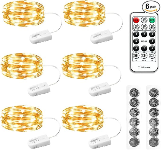 HXWEIYE 6 Pack Fairy Lights Battery Operated with Remote & Timer, 7ft 20LED Mini Firefly Starry Lights Mason Jar Lights for Indoor Outdoor Bottle Tree Party Wedding Thanksgiving(Warm White)