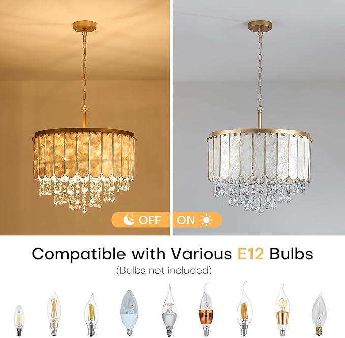 Gold Modern Capiz Shell Ceiling Light Fixture, 5-Light Drum Coastal Pendant Light with Crystals for Kitchen Island, Dining Room, Bedroom, Living Room, Bathroom, Foyer | 2-Tiered Flush Mount Chandelier