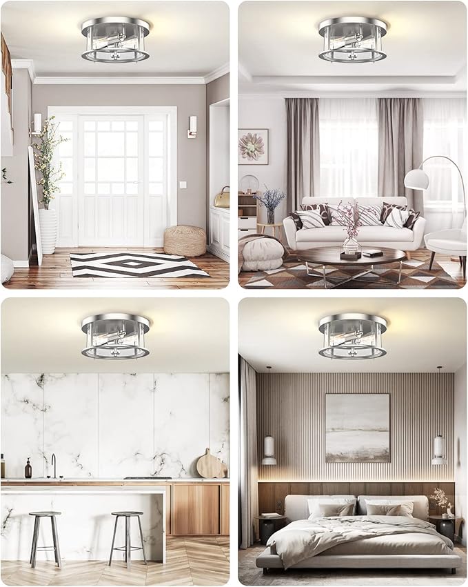 EAPUDUN Flush Mount Ceiling Light Fixtures, 12inch 2-Light Farmhouse Close to Ceiling Light Fixture with Clear Glass Shade, Brushed Nickel Finish for Porch, Entryway, Bedroom, FMA1413-BNK