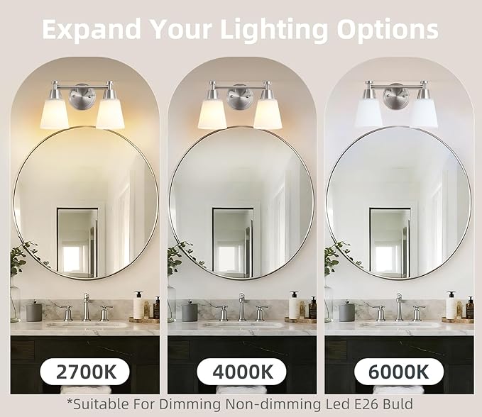 2-Light Bathroom Vanity Light, Brushed Nickel Finish with Milk Glass Shades, Over Mirror, for Bathroom Vanity