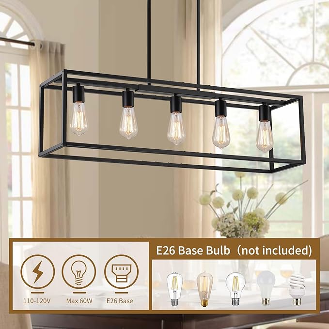Yusist 5-Light Dining Room Light Fixture,Black Farmhouse Kitchen Island Lighting,Rustic Pendant Light Over Table with Adjustable Rods,Modern Linear Chandeliers for Dining Room Kitchen Island