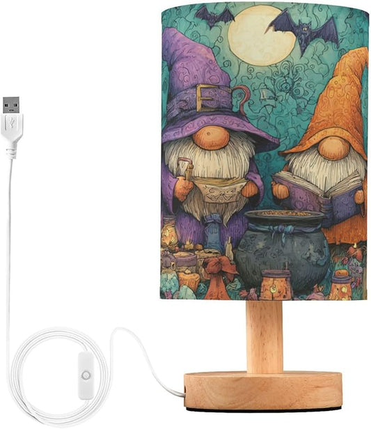 Aslsiy Halloween Gnomes Pumpkins Moon Bedside Table Lamp Bat Nightstand Lamp Night Light Fabric Shade for Bedroom Living Room Home Office