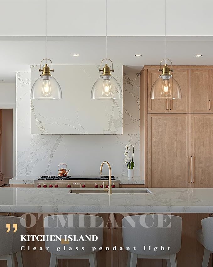 Glass Pendant Lights Kitchen Island 3 Packs, Gold Kitchen Pendant Lighting Over Island, 7.5 inch Modern Kitchen Island Pendant Lights, Farmhouse Pendant Light for Kitchen, Bedroom, Bathroom