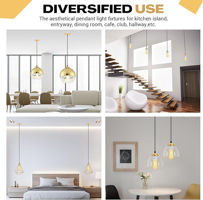12 Pack Industrial Mini Pendant Light Kit Bulk, UL E26/E27 Lamp Socket 3.28 ft Adjustable Hanging Light Cord Kit Edison Vintage Retro Ceiling Lamp Fixture for Kitchen Bar Decor(Gold)