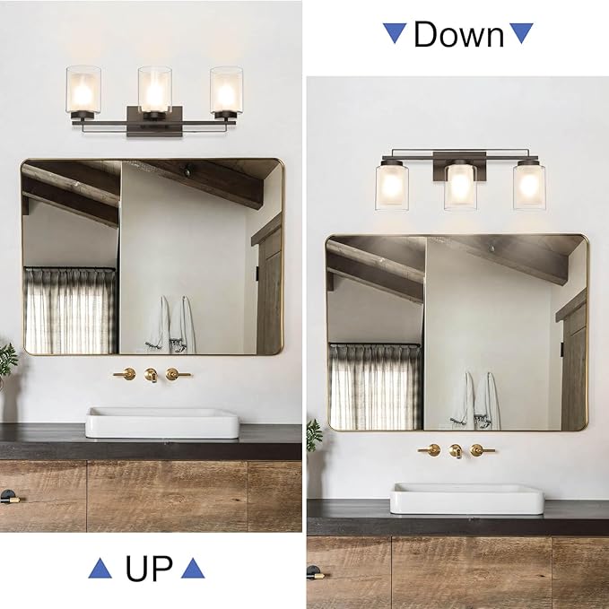 XiNBEi Lighting Wall Light 3 Light Bathroom Vanity Lighting with Dual Glass Shade in Dark Bronze Indoor Wall Mount Light XB-W1195-3-DB