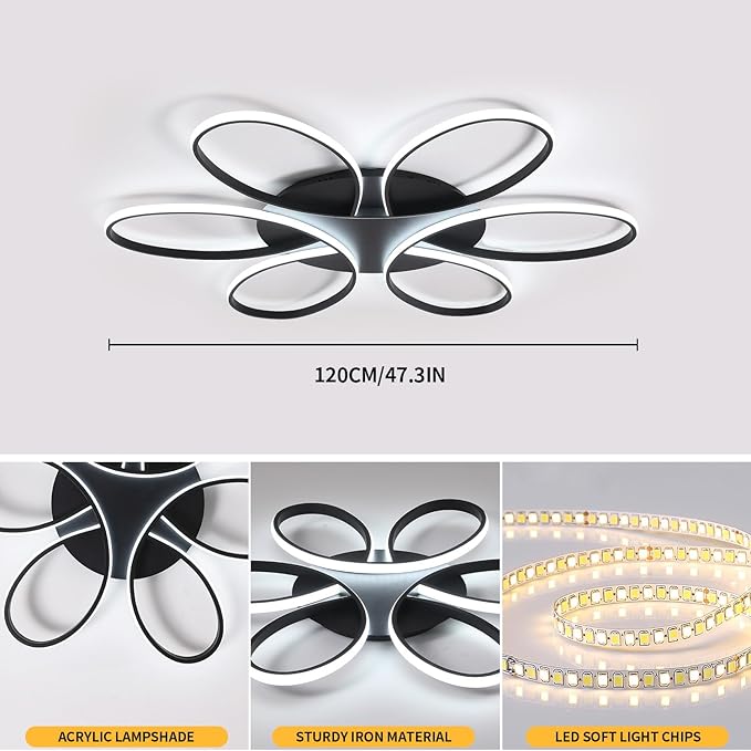 Modern LED Ceiling Light Fixture Black Flush Mount Ceiling Lamp with Remote Control Dimmable 6 Rings Flower Shaped Ideal for Living Room Bedroom Dining Room Kitchen(120CM/47.3IN)
