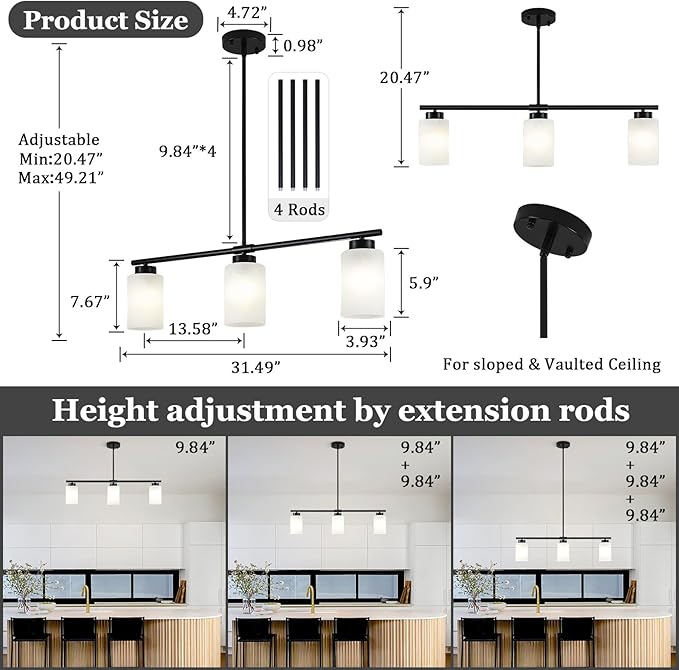 31" Kitchen Island Lighting 3 Light Black Pendant Light for Kitchen Island with Milk Glass Shade Modern Linear Chandelier Adjustable Hanging Farmhouse Light Fixtures Over Dining Table Living Room，E26