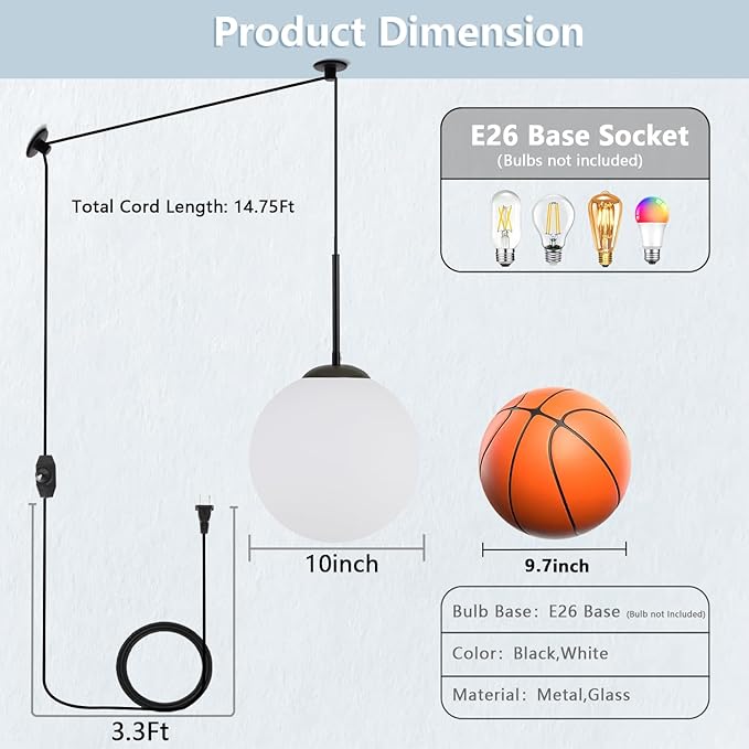 10” Plug in Globe Pendant Light Mid Century Modern Milk White Glass Globe Chandelier with 14.75ft Plug with Dimmable Switch for Bedroom Dining Room Kitchen Island, Black