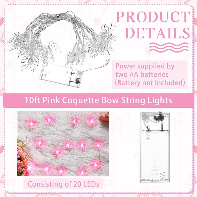 Glooglitter Pink Bow String Light Mini Bow Decor for Girl Room 9.84 ft 20 LED Fairy Light String Battery Power Operated Waterproof Cute Twinkle Decor for Bedroom Wedding Birthday Indoor Outdoor Party