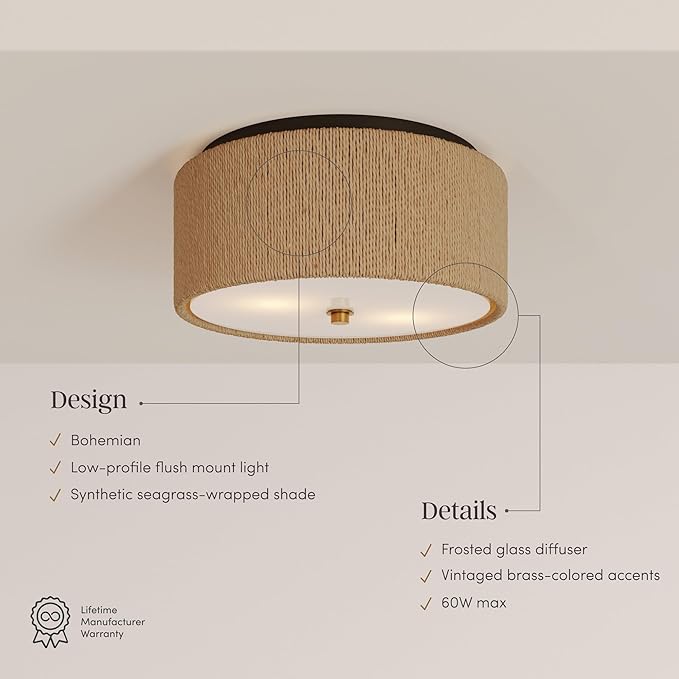 Nathan James Juluca Boho Light Fixture, Flush Mount Ceiling Light with Frosted Glass Diffuser, Rustic Boho Ceiling Light with Seagrass Shade