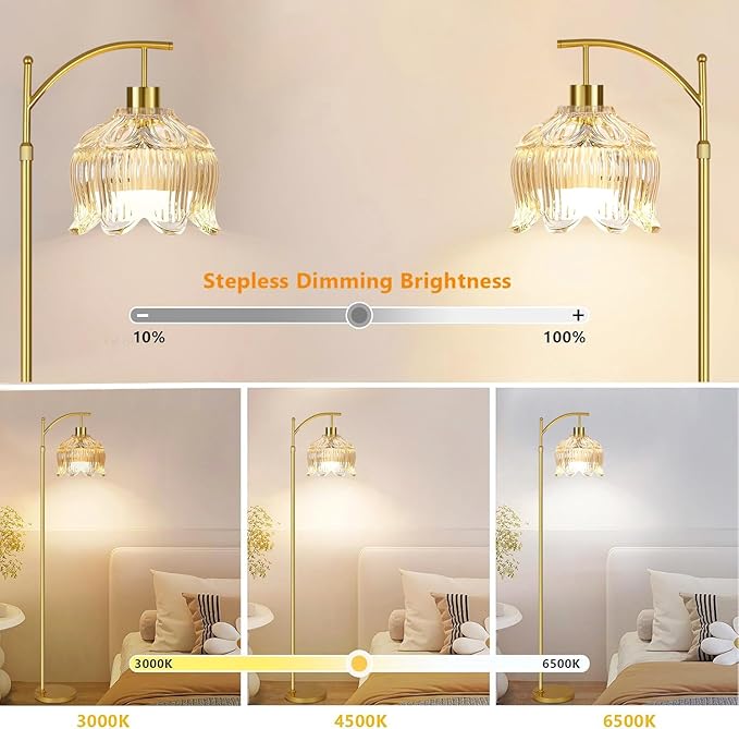 QIYIZM Floor Lamp for Living Room,Bedroom,Gold Dimmable Standing Lamp with Remote,Mid Century Modern Brass Tall Lamp Boho Floor Lamps Arc Stained Glass Tulip Flower Floor Light Lamp Girls Bohemian