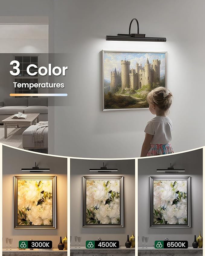 Bridika Picture Light Battery Operated, 19.7in Picture Lights for Wall, 3 Colors & Brightness Dimmable, Rechargeable Art Light for Paintings Photo Dartboard Gallery Bedroom Bathroom Black