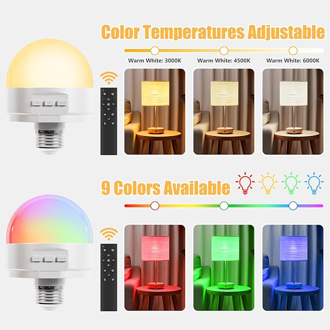 E26 2.4Ghz Rechargeable Light Bulb with Remote Control,Battery Operated Light Bulb for Sconces and Lamps, E26 Detachable Charging for Non-Hardwired Fixture,Dimmable 3000K-6500K RGBWW,2Pack