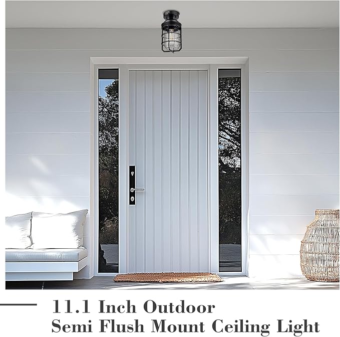 Emliviar Dusk to Dawn 2 Pack Semi Flush Mount Ceiling Lamps with Clear Tempered Glass Shade, Modern Black Metal Cage Ceiling Lights with Photocell Sensor, GE255LF-PC-2 BK