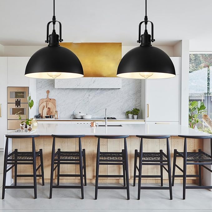 Pendant Lights, Modern Matte Black Metal Hanging Light Fixtures, Adjustable Height Industrial Pendant Lighting for Kitchen Island Dining Room Bedroom Bar Office 9.84”