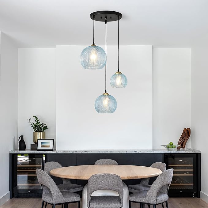 3-Light Blue Cluster Glass Pendant Light, Hanging Chandelier with Globe Shade, Glass Ball Pendant Light Fixtures for Kitchen Island, Dining Room, Living Room, Bedroom