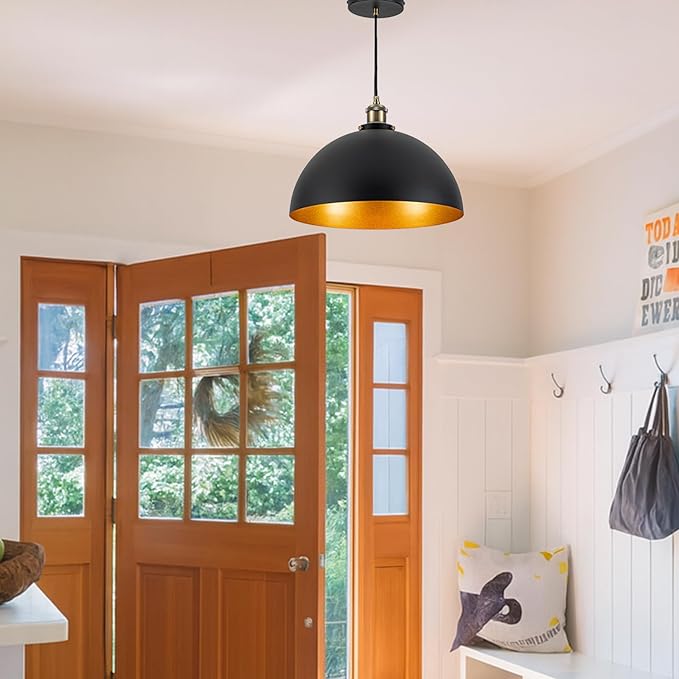13.78" Modern Industrial Black Pendant Light 2-Pack Vintage Farmhouse Black Gold Pendant Light Fixture Dome Golden Pendant Lights for Kitchen Island, Dining Room, Bedroom, Hallway, Entryway