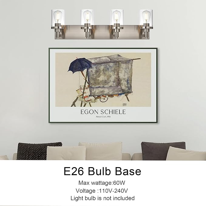4-Light Bathroom Lighting Modern Brushed Nickel Vanity Light Fixture Over Mirror,E26 Base Industrial Wall Lamp with Clear Glass Shade Wall Sconce for Bathroom,Hallway, Makeup Dressing Table