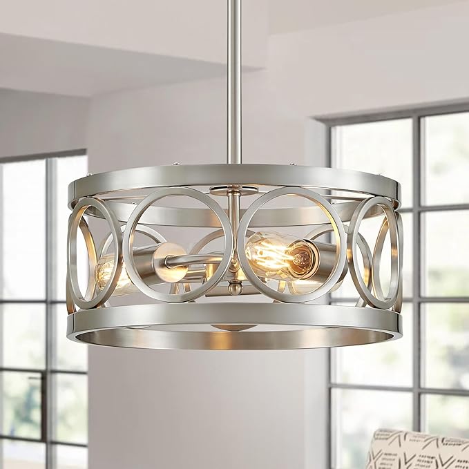 XINGQI 13” Chandelier Brushed Nickel 3-Light Rustic Ceiling Light Modern Adjustable Height Pendant Lighting Fixture Antique Drum Lamp for Living Room Bedroom Entryway Corridors