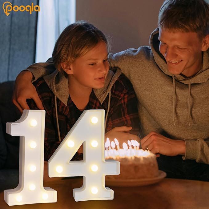 Pooqla Decorative Led Light Up Number Letters, White Plastic Marquee Number Lights Sign for 14th Birthday Party Wedding Decor Battery Operated Number (14)