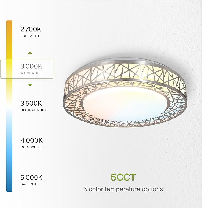 ASD 16 Inch LED Flush Mount Ceiling Light Fixture for Bedroom, 28W 1752LM 5CCT 2700K-5000K, Triac Dimmable Lights, Dining, Living Room, Kitchen Lamps, Modern Home Lighting Fixtures, Nickel, ETL